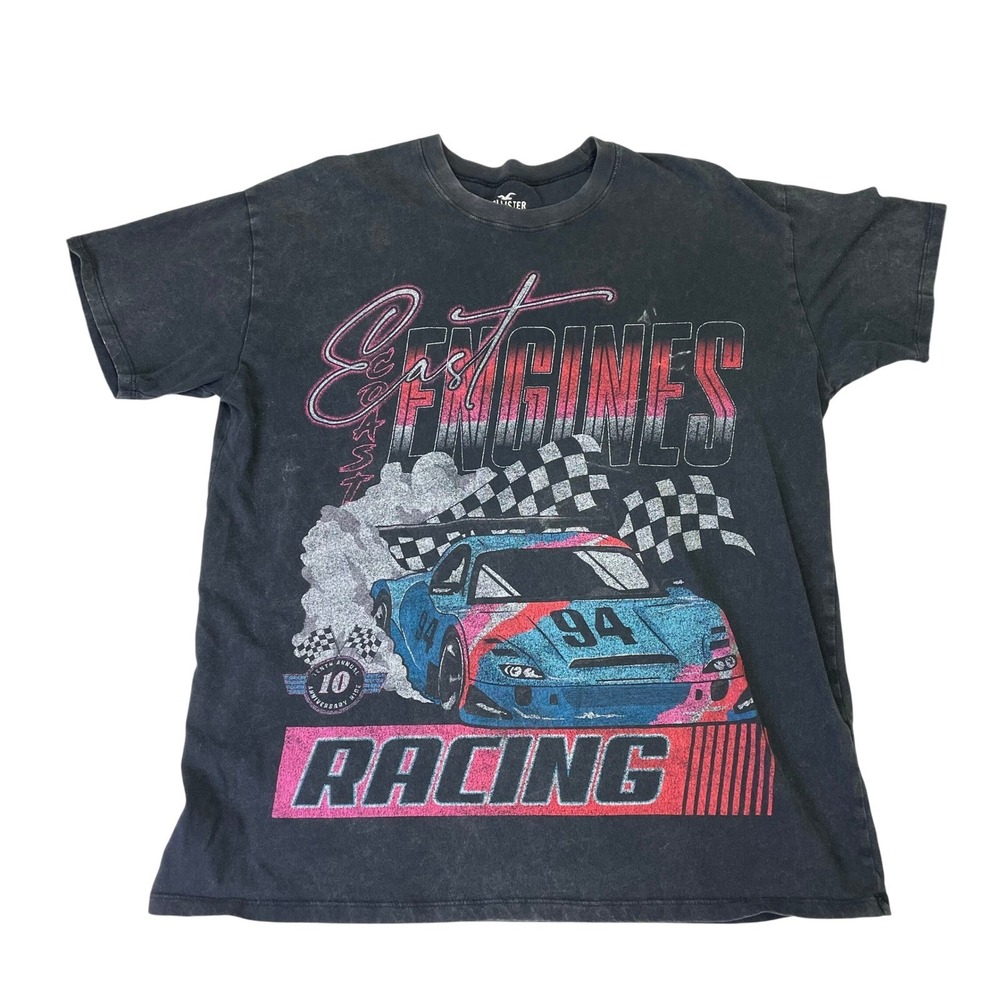Hollister East Coast Engines Racing Graphic T-Shirt Mens M Washed Black Cotton